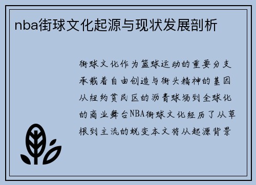 nba街球文化起源与现状发展剖析